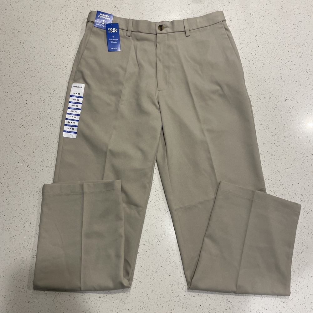 NWT Haggar Cool Right Performance Flex Classic Fit Dress Pants Mens 34x32 Beige